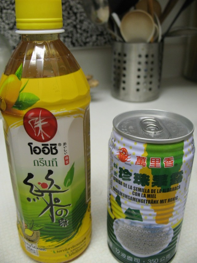Oishi brand tea and basil seed drink (see below)